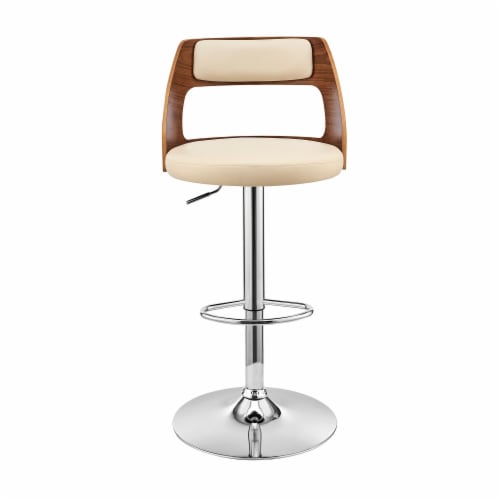 Adjustable Swivel Cream Faux Leather and Walnut Wood Bar Stool with