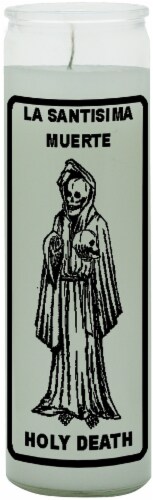 INDIO Holy Death Glass Jar Candle - White - 8 Inch Perspective: front