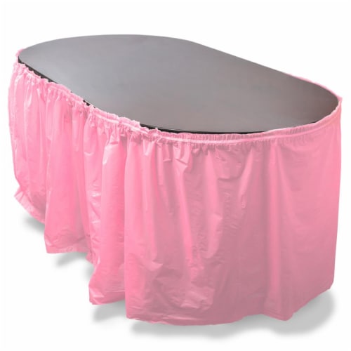 14' Pink Reusable Plastic Table Skirt, Extends 20'+ Perspective: front