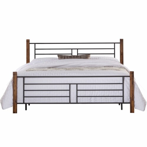 Metal King Headboard with Horizontal and Vertical Design and Wood Posts,... 