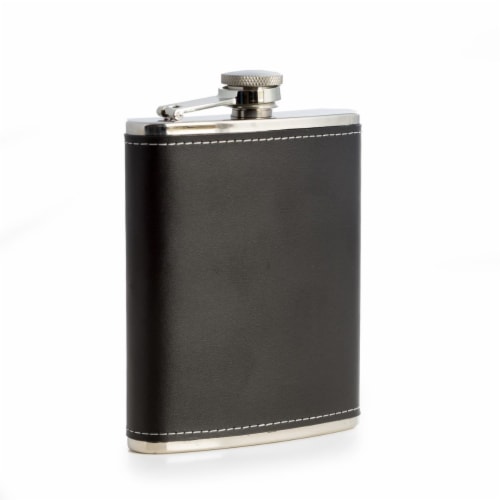 Bey-Berk International FS716B 6 oz Stainless Steel Leather Flask with Contrast Stitching - Bl Perspective: front