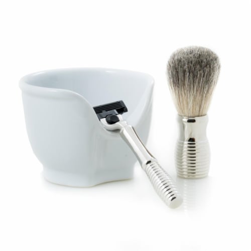Bey-Berk International BB29 Chrome Plated Mach3 Razor & Badger Brush with White Porcelain Soa Perspective: front