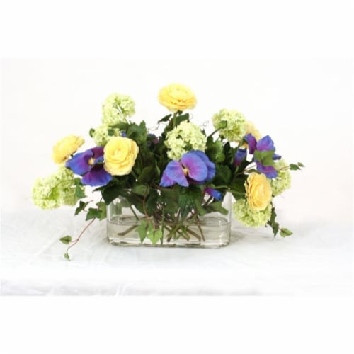 Waterlook Blue, Green & Yellow Spring Mix in Oval Glass Vase Perspective: front
