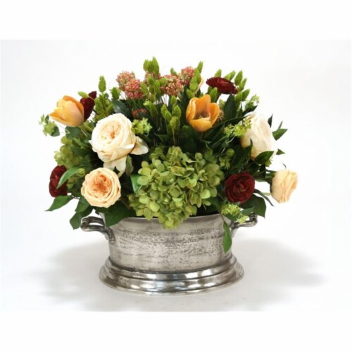Mixed Floral of Roses, Hydrangea & Tulips in Pewter Newport Planter Perspective: front