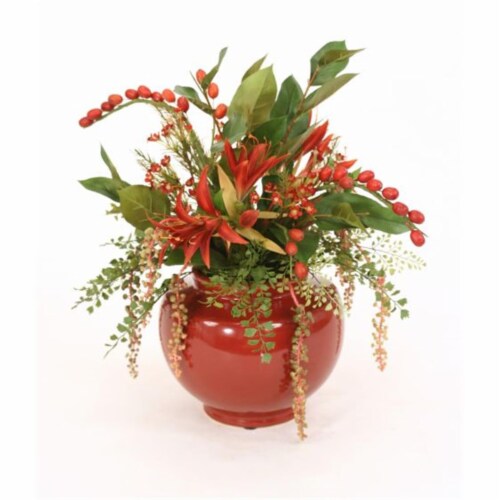 Mixed Berries & Flowers in Rust Red Ceramic Planter Perspective: front