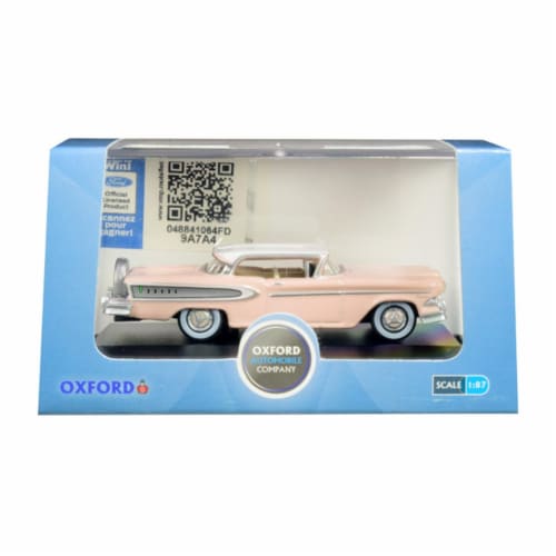 1958 Edsel Citation Chalk Pink with Frost White Top 1-87 HO Scale Diecast Model Car Perspective: front