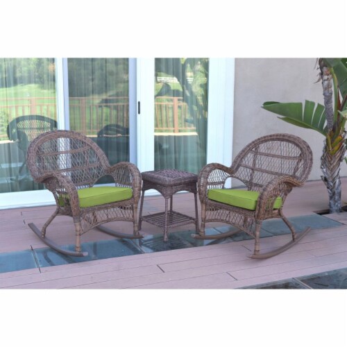 W00210-2-RCES029 3 Piece Santa Maria Honey Rocker Wicker Chair Set, Green Cushion Perspective: front
