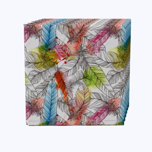 Napkin Set of 4, 100% Cotton, 20x20 , Drawn Feathers with Watercolor Spots Perspective: front
