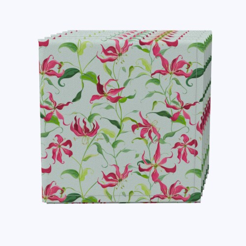 Napkin Set of 4, 100% Cotton, 20x20 , Fire Lily Flowers and Leaves Perspective: front