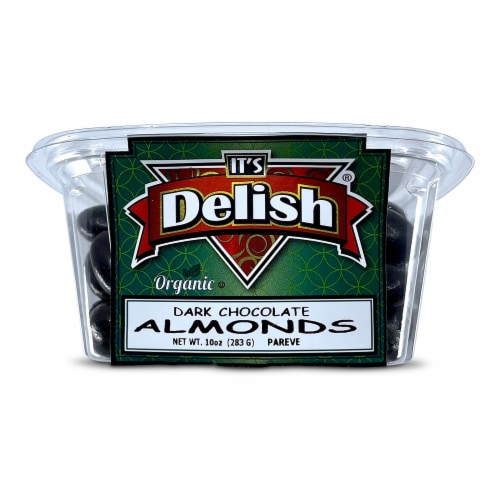 It's Delish® Organic Chocolate Almonds Tub Perspective: front