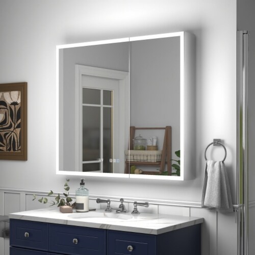 Rim 36 X32 Led Lighted Medicine Cabinet Recessed Mirror With Clock And Usb Ports 36 x 32 H Baker s