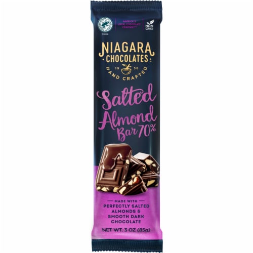 Niagara Chocolates™ 70% Dark Chocolate Salted Almond Bar Perspective: front