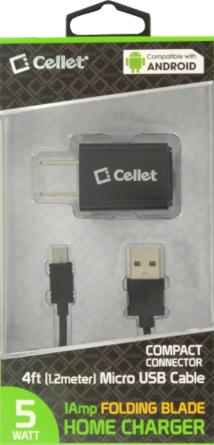 Cellet® Micro USB Cable and 4-Watt 1Amp Folding Blade Home Charger - 2 Piece - Black Perspective: front