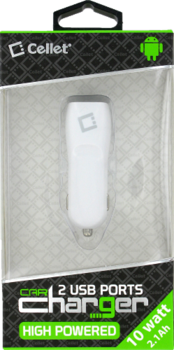 Cellet® 10-Watt 2.1 Ah 2 USB Port Car Charger - White Perspective: front
