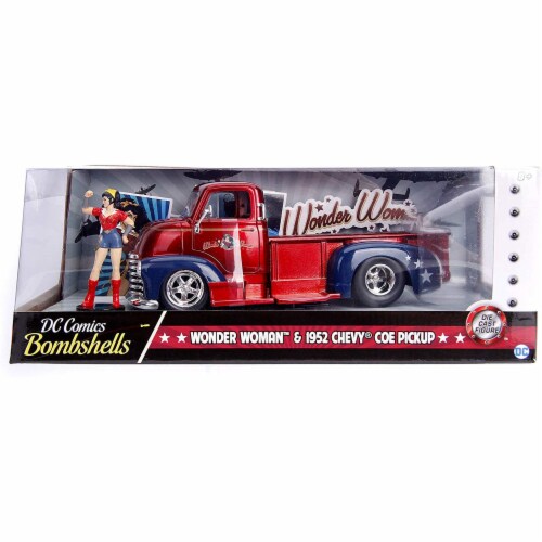 Jada 30453 1952 Chevrolet COE Pickup Truck Red & Blue with Wonder Woman Diecast Figure DC Com Perspective: front