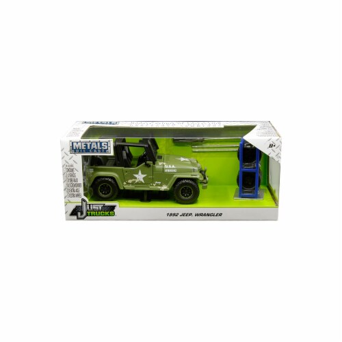 Jada 30520 1992 Jeep Wrangler Matt Army Green with Extra Wheels Just Trucks Series 1-24 Dieca Perspective: front