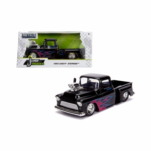 Jada 30714 1955 Chevrolet Stepside Pickup Truck with Blower Glossy Black with Flames Just Tru Perspective: front