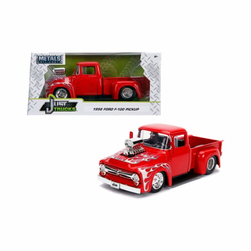 Jada 30715 1956 Ford F-100 Pickup Truck with Blower Glossy Red with Flames Just Trucks Series Perspective: front