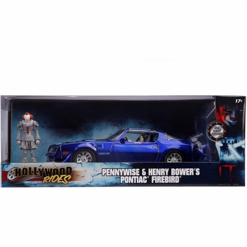 Jada 31118 Henry Bowers Pontiac Firebird Trans Am Candy Blue with Pennywise Diecast Figurine Perspective: front