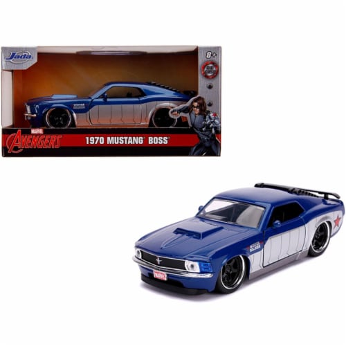 Jada 31745 1970 Ford Mustang Boss Blue Metallic & Silver Winter Soldier Avengers Marvel Serie Perspective: front