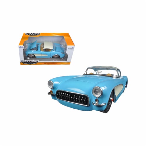 Jada 98162 1 by 24 Scale Diecast 1957 Chevrolet Corvette Sky Blue with Cream Top & Side Model Perspective: front