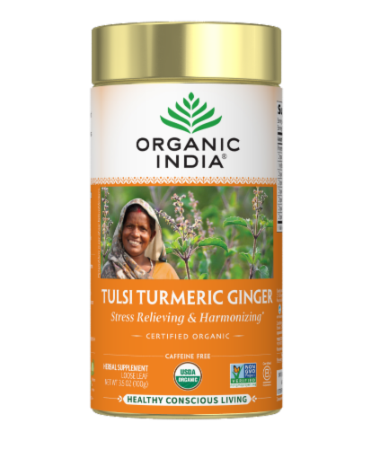Organic India® Tulsi Turmeric Ginger Loose Leaf Supplement Canister Perspective: front