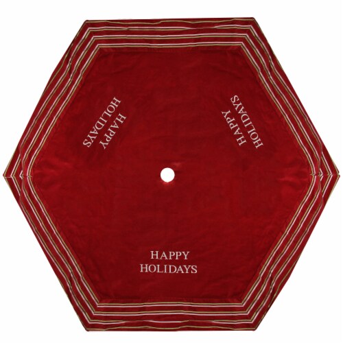Season's Designs 56  Red and White 'Happy Holidays' Christmas Tree Skirt with Striped Trim Perspective: front