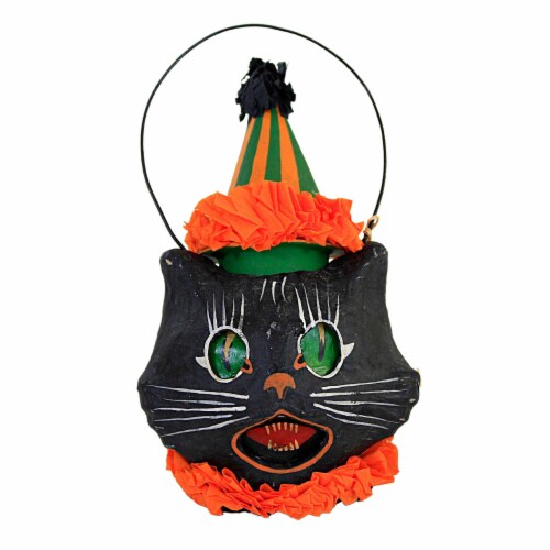 Halloween Sassy Cat Mini Bucket Paper Mache Black Cat Clown Hat Tj0472 Perspective: front