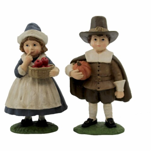 Thanksgiving Pilgrim Kids Polyresin Pumpkin Apples Td6064 Perspective: front