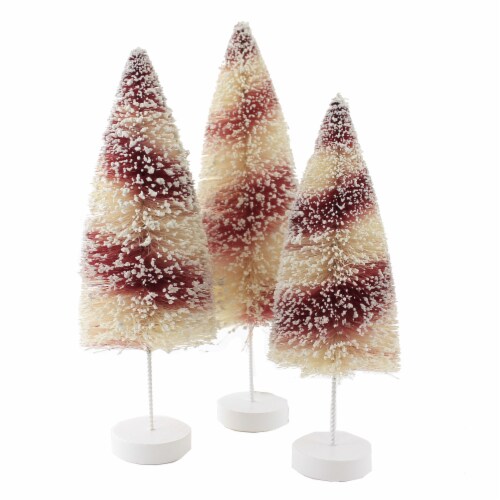 Christmas Candy Cane Bottle Brush Trees Set Of Three Snow Glittered Lc0691 Perspective: front