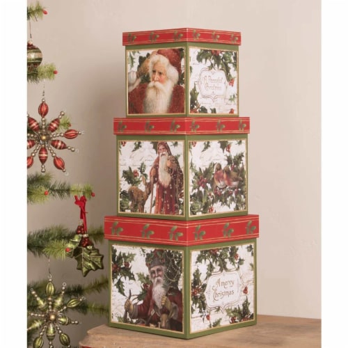 Christmas Holly Boxes Set/3 Paper Vintage Nesting Tl0233 Perspective: front