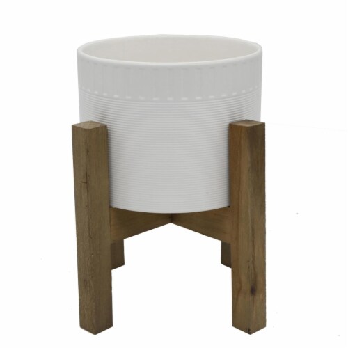 Flora Bunda CT795E-MTWH 8 in. Ceramic Dumpling Pot on Wood Stand, Matte White Perspective: front