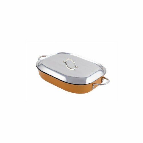 Bon Chef 60023CFCLDOrange 15 x 11 x 2.87 in. Classic Country French Oblong Pan with Lid, Oran Perspective: front