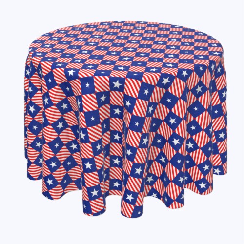 Round Tablecloth, 100% Polyester, 108" Round, Blue Diamonds in Red Stripes Perspective: front