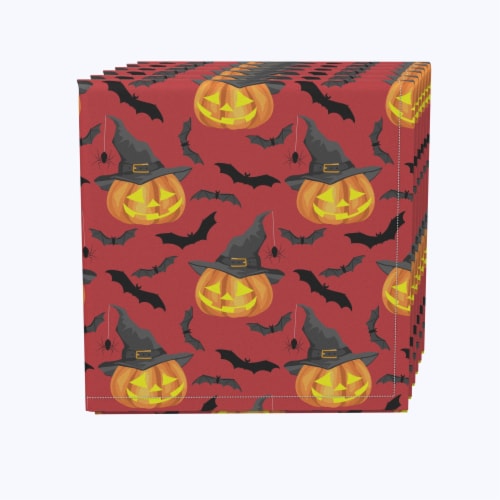 Napkin Set, 100% Polyester, Set of 12, 18x18", Pumpkin in Hats and Bats Perspective: front