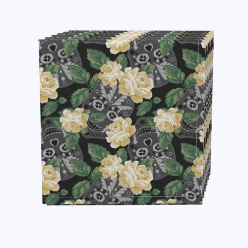 Napkin Set, 100% Polyester, Set of 4, 18x18 , White Rose and Skull Faces Perspective: front