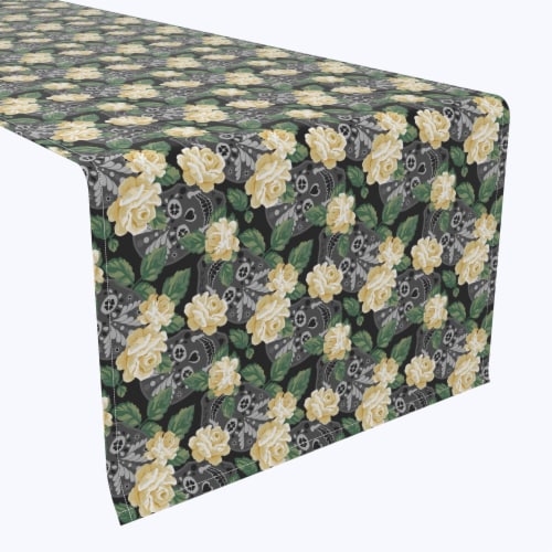 Table Runner, 100% Polyester, 12x72 , White Rose and Skull Faces Perspective: front