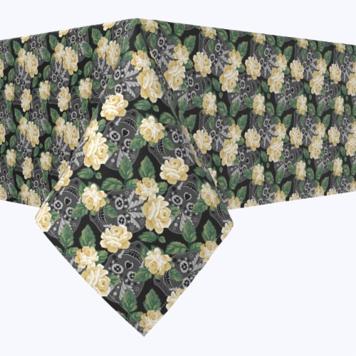 Rectangular Tablecloth, 100% Polyester, 60x104", White Rose and Skull Faces Perspective: front