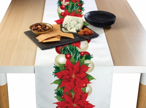 Table Runner, 100% Polyester, 12x72", Christmas Poinsettia Garland Perspective: front