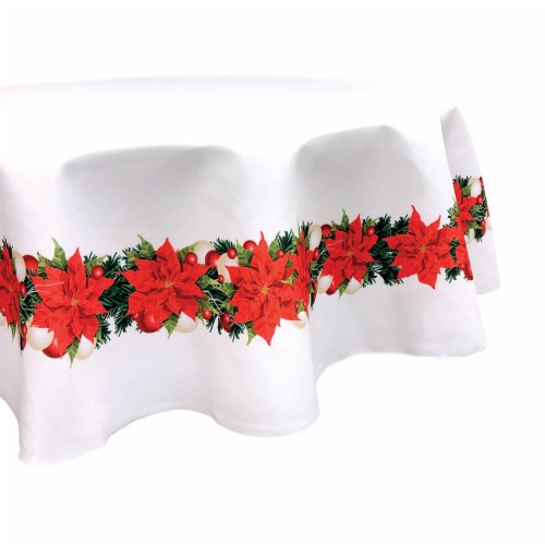 Round Tablecloth, 100% Polyester, 60" Round, Christmas Poinsettia Garland Perspective: front