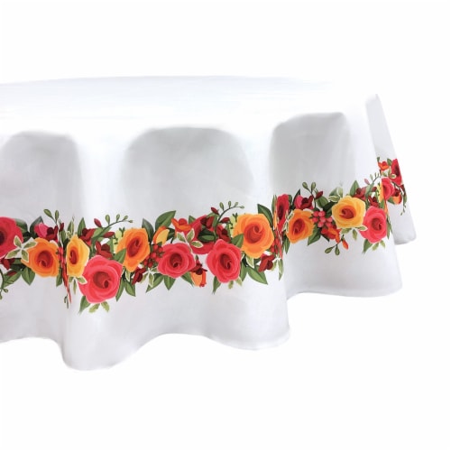 Round Tablecloth, 100% Polyester, 60" Round, Red and Yellow Roses Garland Perspective: front