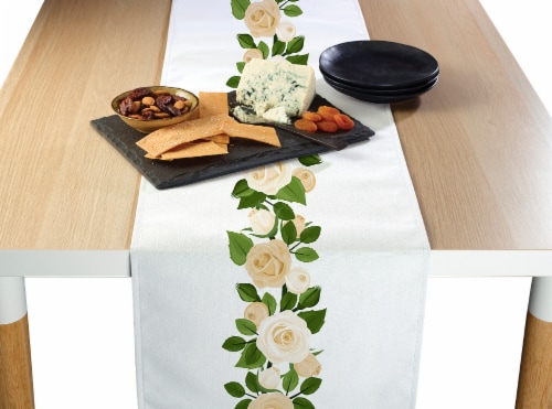 Table Runner, 100% Polyester, 14x108", Wedding White Roses Garland Perspective: front