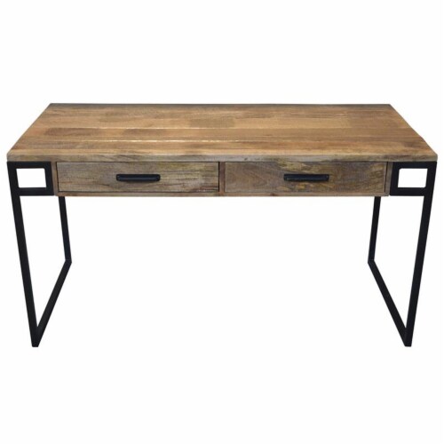 Anaheim Katy 2-Drawer Solid Wood Writing Desk in Brown with Iron Legs Perspective: front