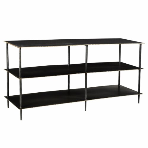 Noah 3-Tier Forged Cast Iron Media Console in Black with Acid Etched Top Perspective: front
