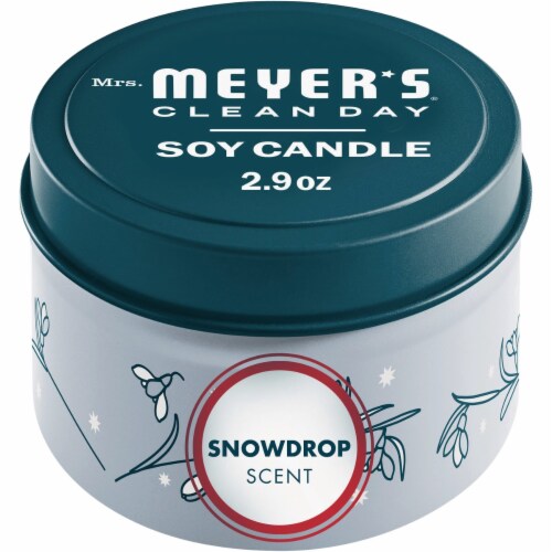Mrs. Meyer's Clean Day Snow Drop Tin Soy Candle Perspective: front