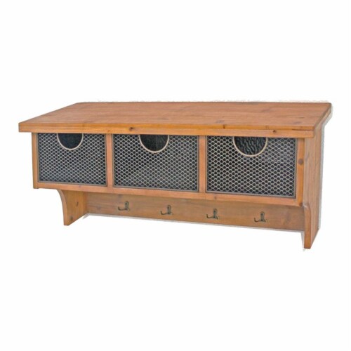 HomeRoots 11  Modern Wood Wall Shelf with 3 Drawers and Hooks in Brown Perspective: front