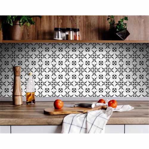 HomeRoots 399894 8 x 8 in. Black & White Delia Peel & Stick Removable Tiles Perspective: front