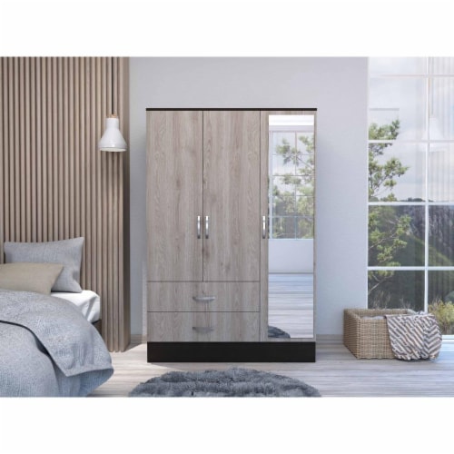 HomeRoots 403744 Light Oak Black Three Door Wardrobe Closet with Mirror 1 Smith s Food and Drug