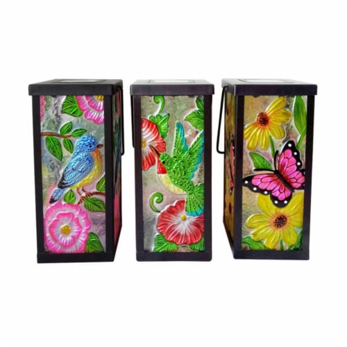 Meadow Creek 8016082 LED Glass & Metal Solar Lantern, Assorted Colors - Pack of 9 Perspective: front