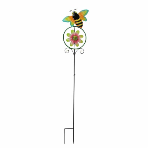 55 Inch High Bumble Bee Flower Kinetic Wind Spinner Garden Stake Yard Decor Pinwheel Perspective: front
